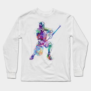 Dynamic Lacrosse Girl Art Watercolor Silhouette Long Sleeve T-Shirt